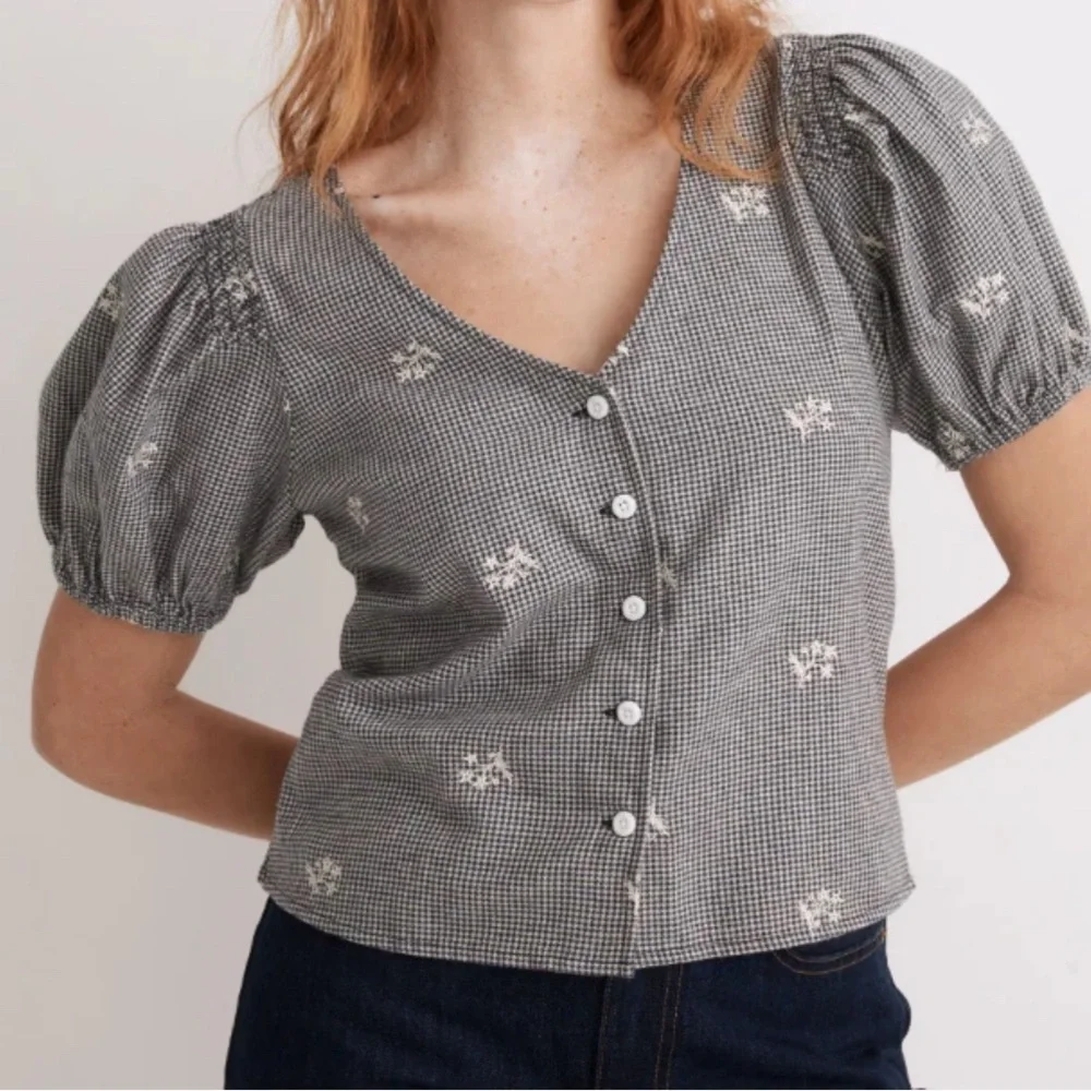 Madewell Black Gingham Floral Blouse S Embroidered Puff Sleeve Cottagecore Top